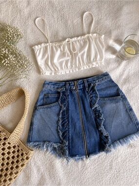 CARMAR Denim High-Rise Ruffle Fringe Skirt